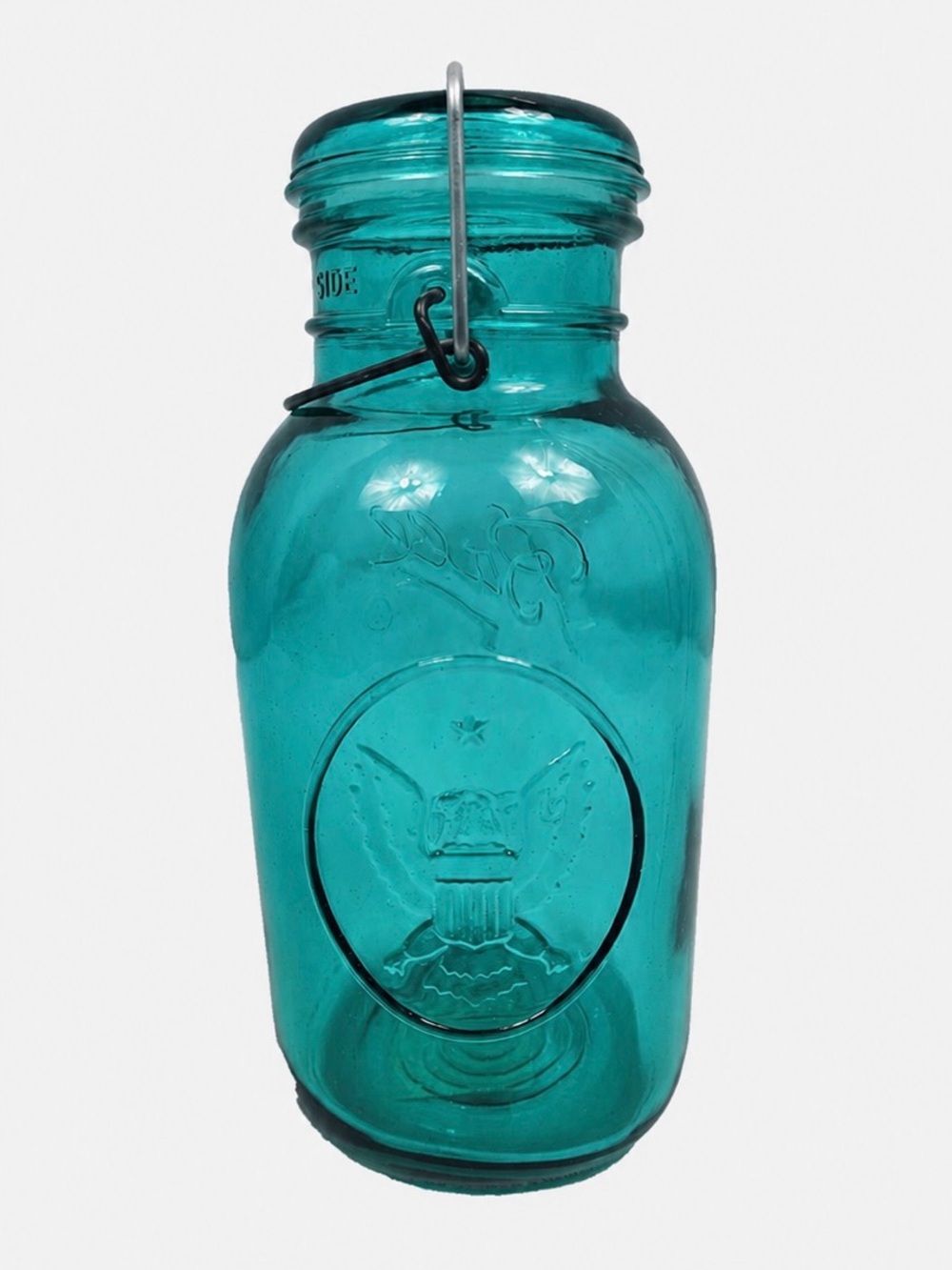 Vintage Large Ball Ideal Bicentennial Eagle Aqua Blue Mason Jar Wire Bail Lid